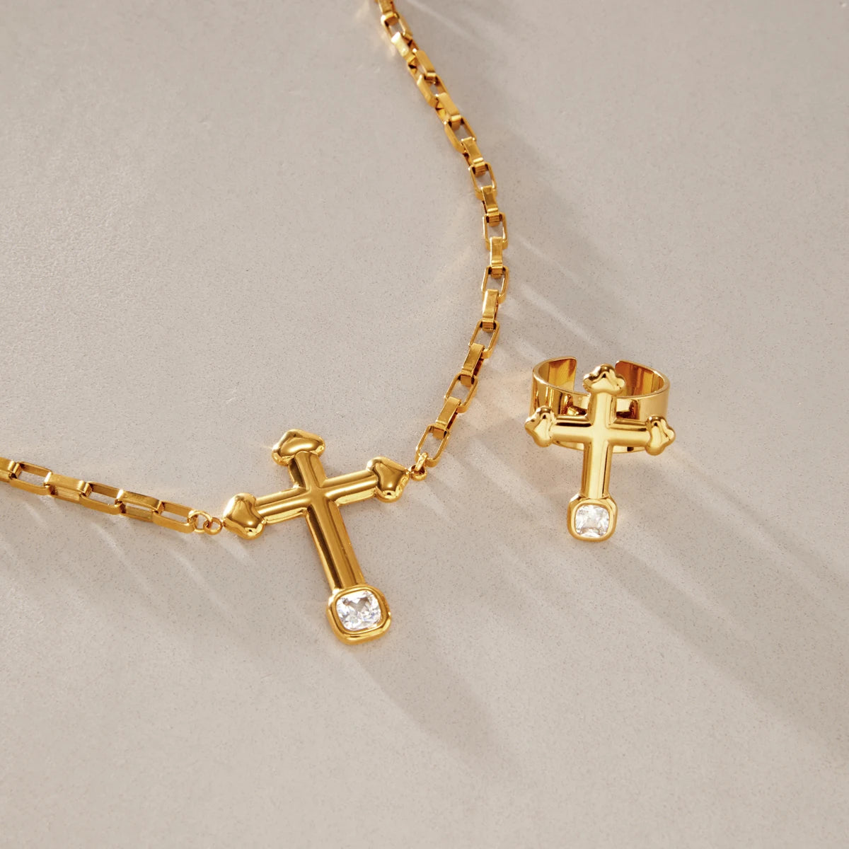 KIKA Square Zircon Cross Necklace Ring Jewelry Set For Women Minimalist 18K Gold PVD Plated Stainless Steel 316L