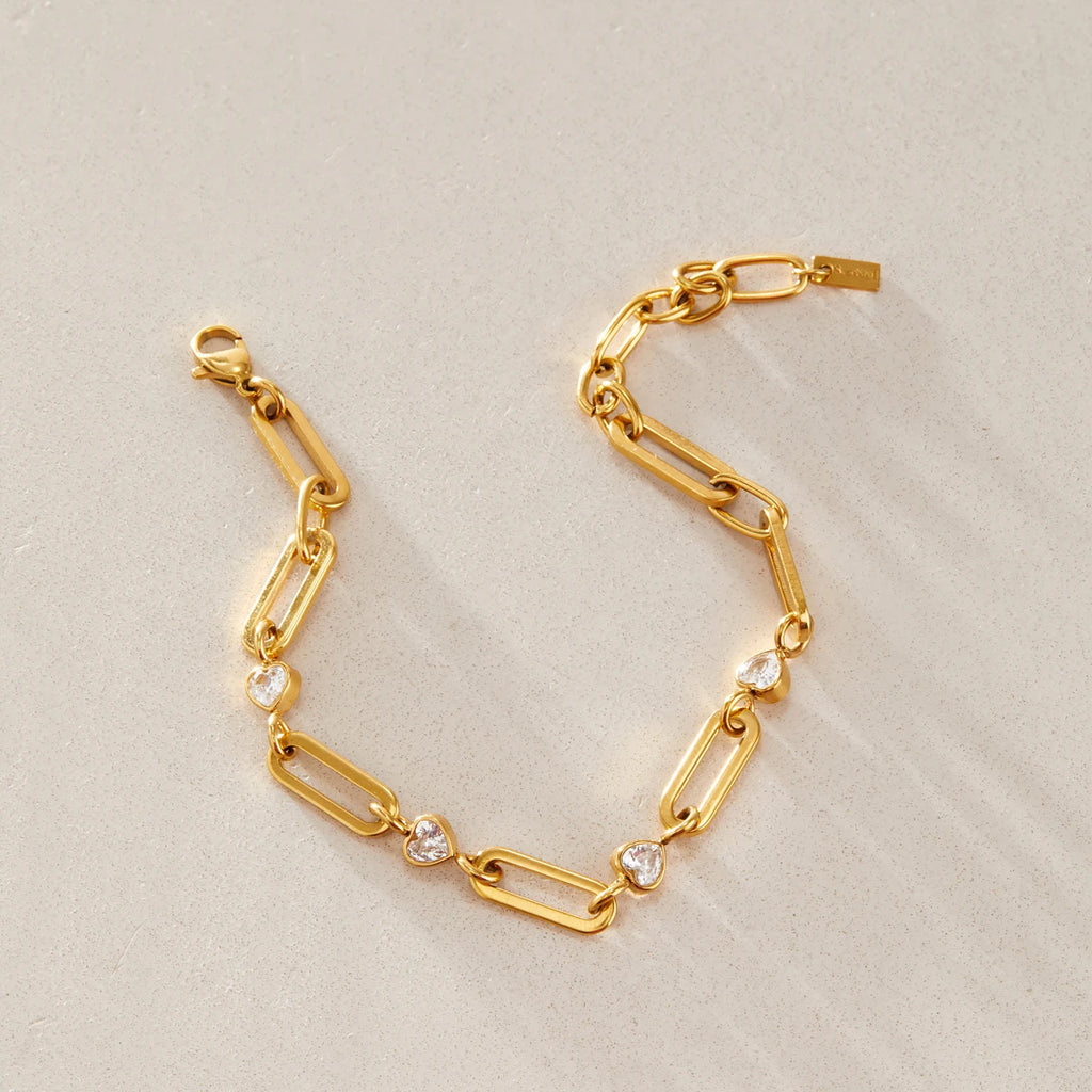 KIKA Heart Zircon Paperclip Chain Bracelet For Women Minimalist 18K Gold PVD Plated Stainless Steel Bracelet Fashion Jewelry