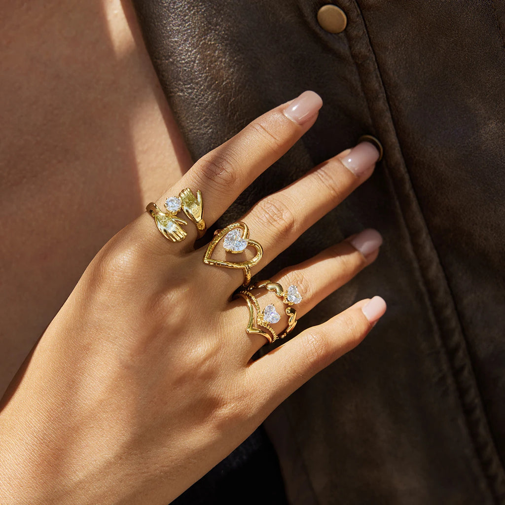 KIKA Classic Minimalist 18K Gold Color Plated Inlay Zircon Hollow Irregular Open Rings Waterproof Stainless Steel Jewelry Gift