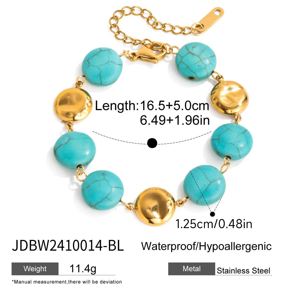 KIKA Vintage 18K Gold Color Plated Stainless Steel Turquoise Coin Round Bracelet  Stackable Pearl Bracelet