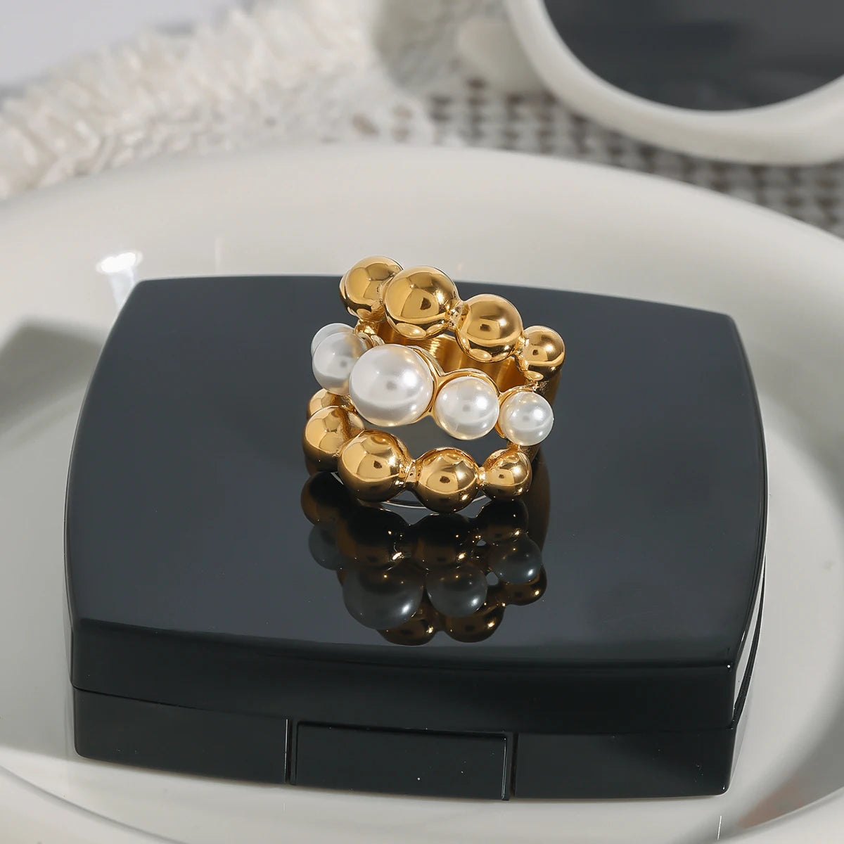 Kika Stacking Pearl Ring For Women-18K Gold Color Plated Large Statement Ring