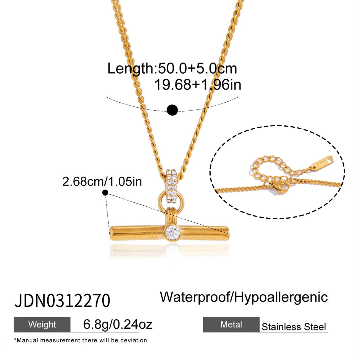 KIKA Classic Crystal T Bar Pendant Necklace 18K Gold PVD Plated Stainless Steel 316L