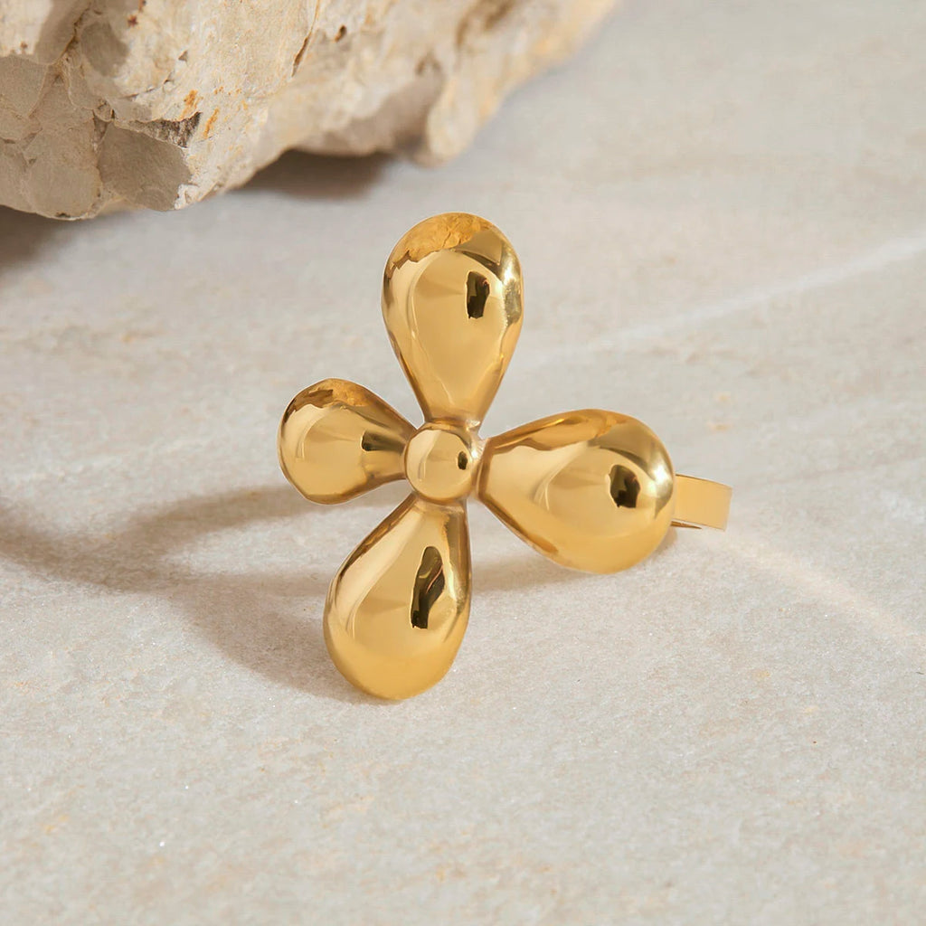 KIKA Fashion Four Petal Flower Adjustable Ring PVD Plated Stainless Steel 316L