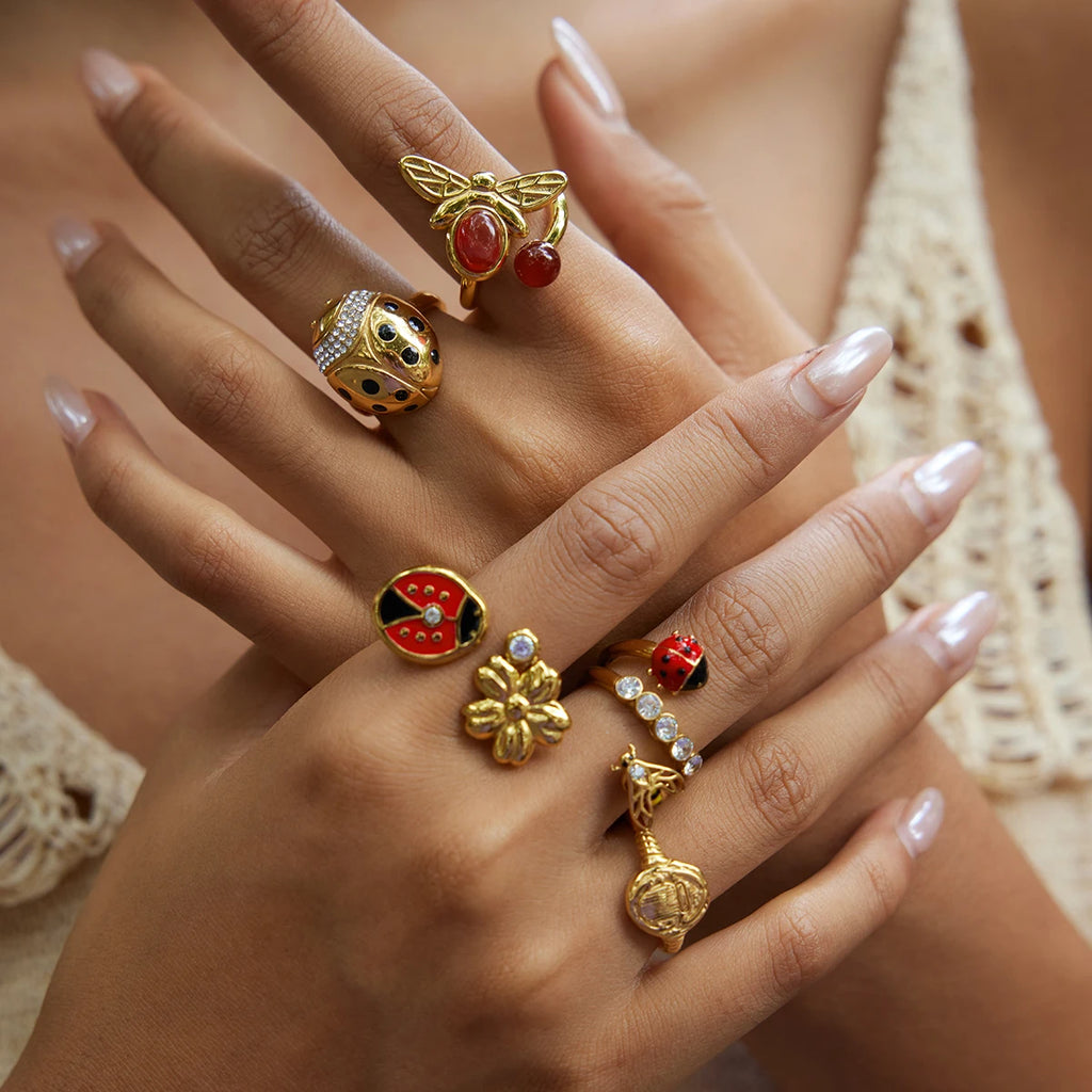 KIKA Fashion Stainless Steel 316L Zircon Drop Oil Ladybug Flower Adjustable Open Ring 18K Golden PVD Plated High Quality Jewelry
