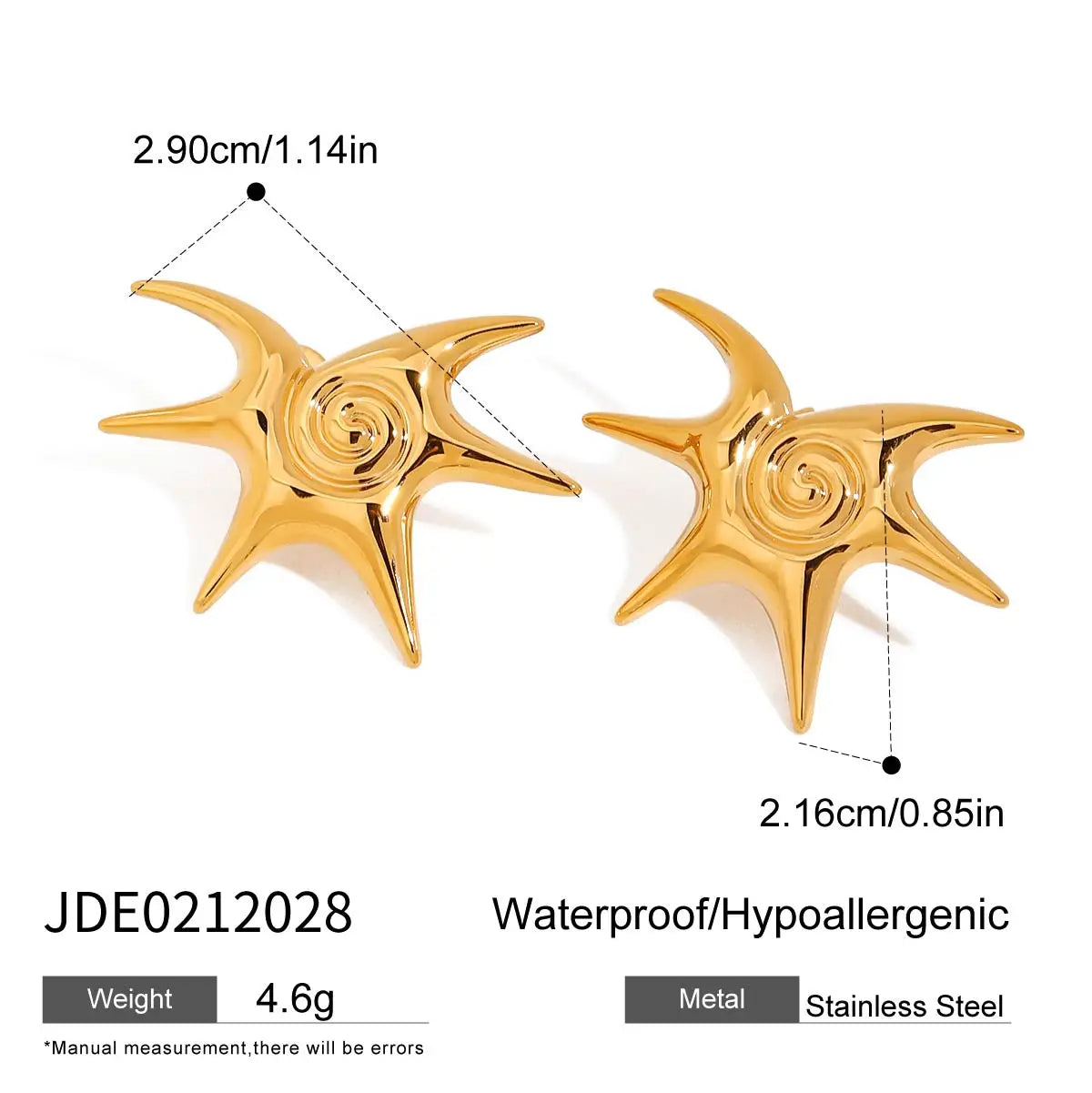 Kika Beach Stainless Steel Starfish Vortex Spiral Ear Studs Star Thread Earrings