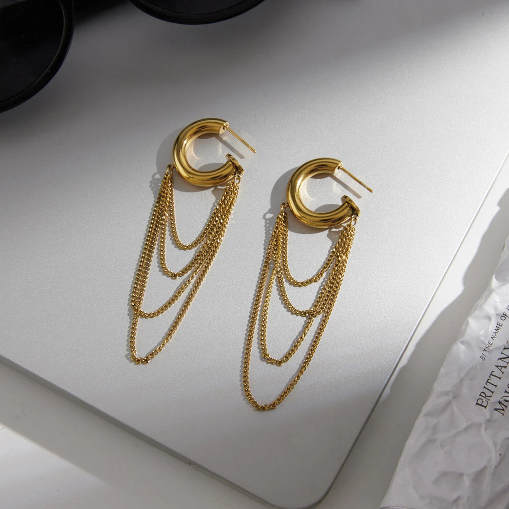 Kika Classic Long Chains Tassel C Shape Stud Earrings