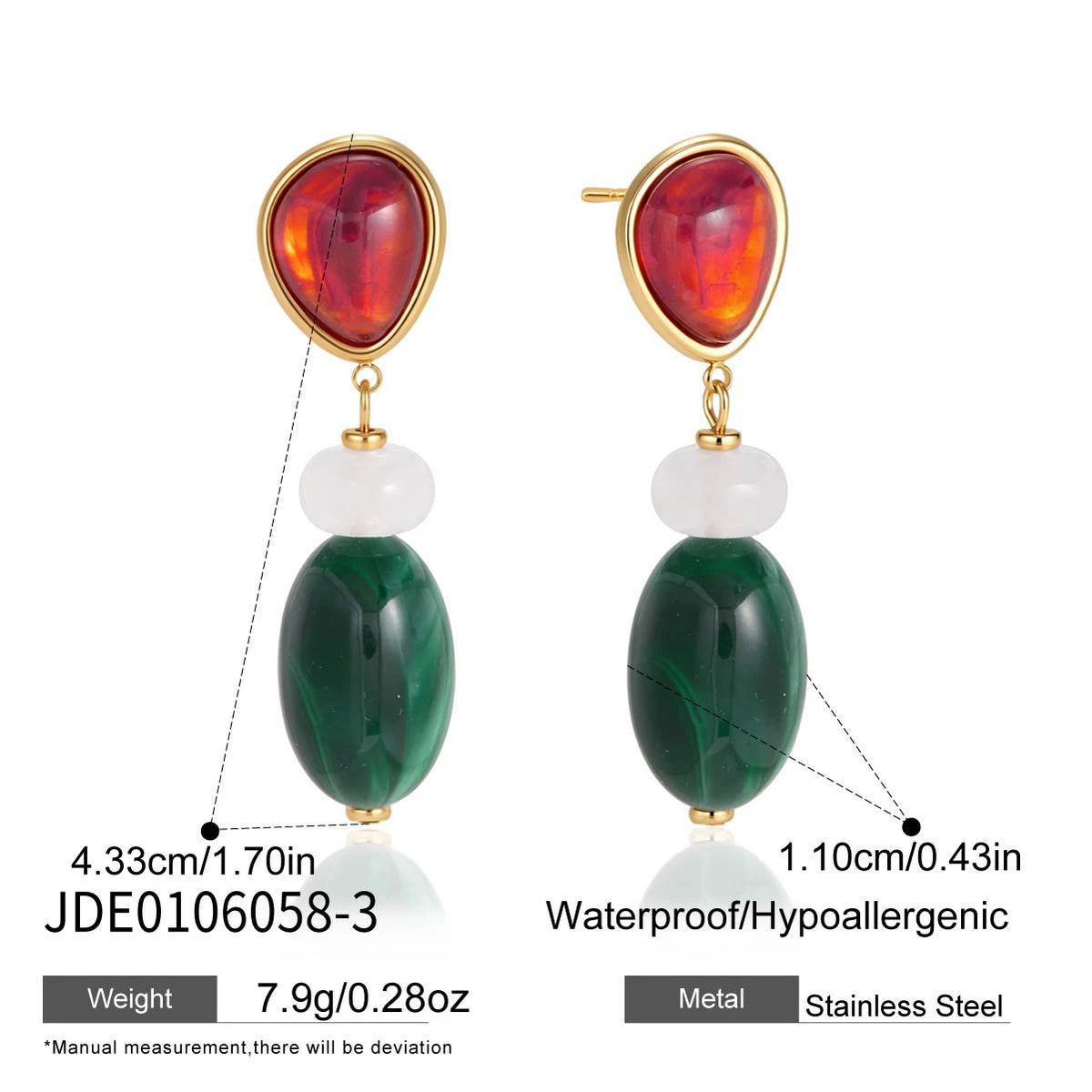 KIKA  Elegant Multicolor Resin Drop Earrings PVD  18K Gold Plated Stainless Steel 316L