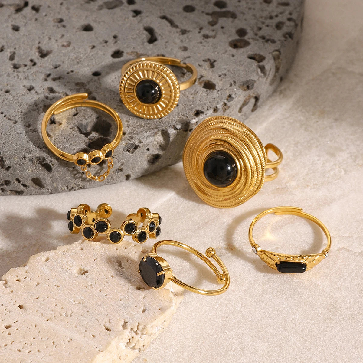 Kika Minimalist Personalized Black Gold Color Stone Ring