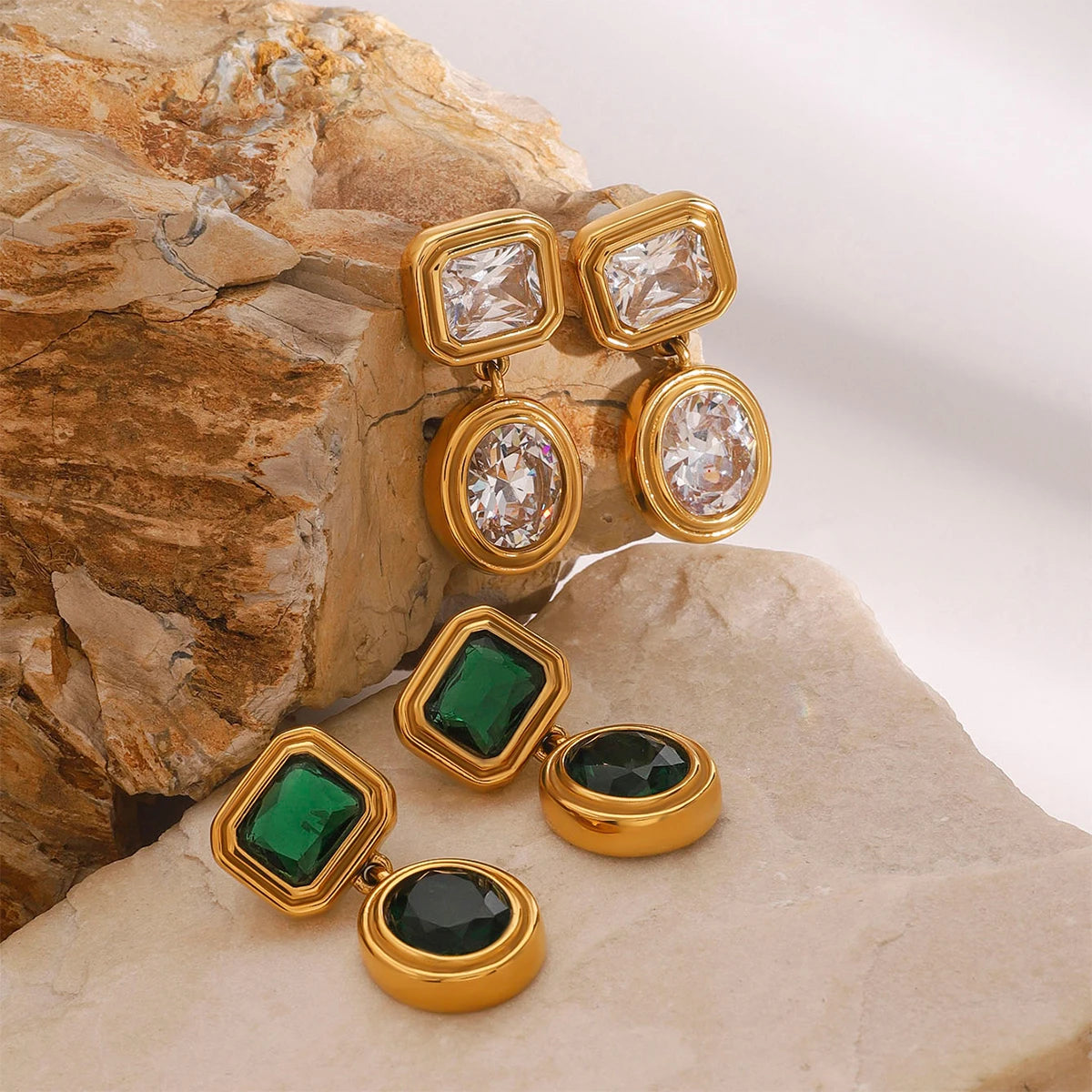 Retro Green Color Zircon Geometric Earrings