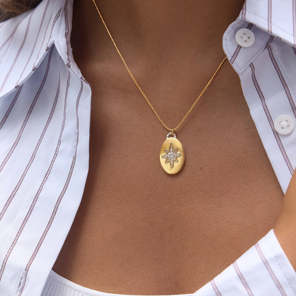 Kika Crystal Star Oval Pendant Necklace Minimalist 18K Gold PVD Plated Stainless Steel 316L