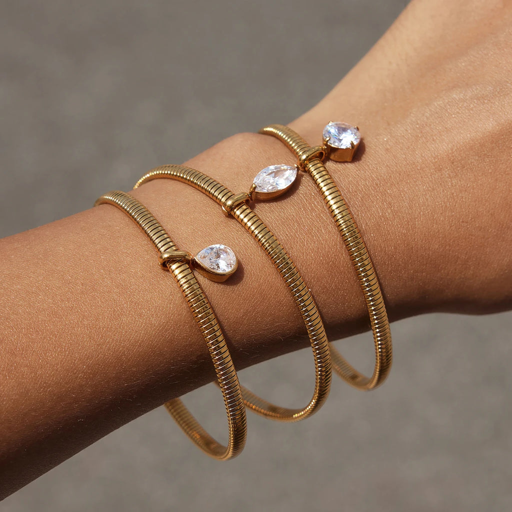 Kika Geometric Zircon Charm Snake Chain Bangle Minimalist 18K Gold PVD Plated Stainless Steel 316L