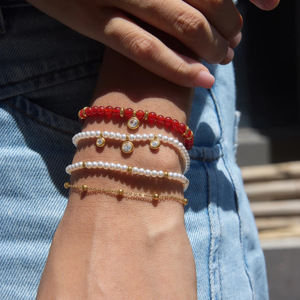 KIKA  Red Agate Stone Imitation Pearl Beaded Bracelet  18K Gold Plated Stainless Steel 316L