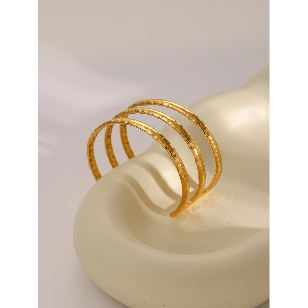 KIKA Stainless Steel Statement Gold Color Cuff Bracelet Bangle Metal Texture Multi-Layer Temperament Waterproof Jewelry