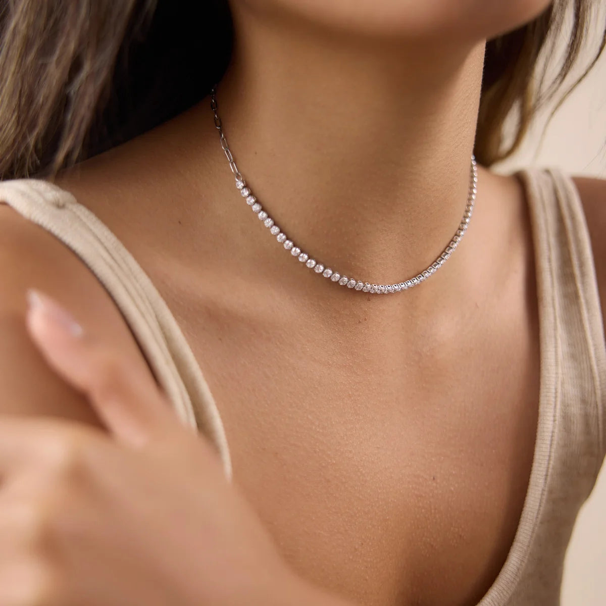 Kika Delicate Steel Color Paperclip Chain With White Zirconia Necklaces