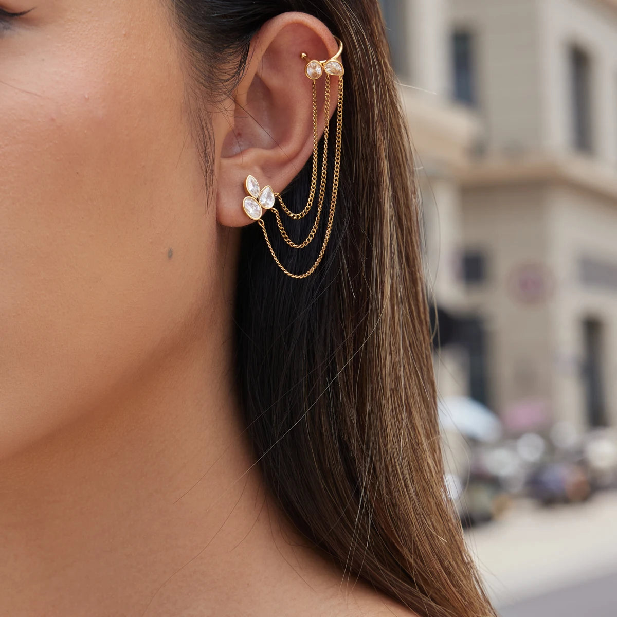 Kika 1 PC Geometric Zircon Chains Tassel Earring Gold PVD Plated Stainless Steel 316L