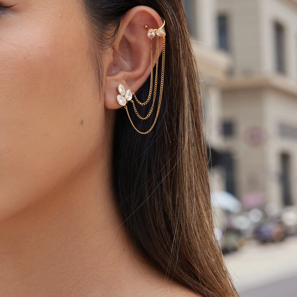 Kika 1 PC Geometric Zircon Chains Tassel Earring Gold PVD Plated Stainless Steel 316L