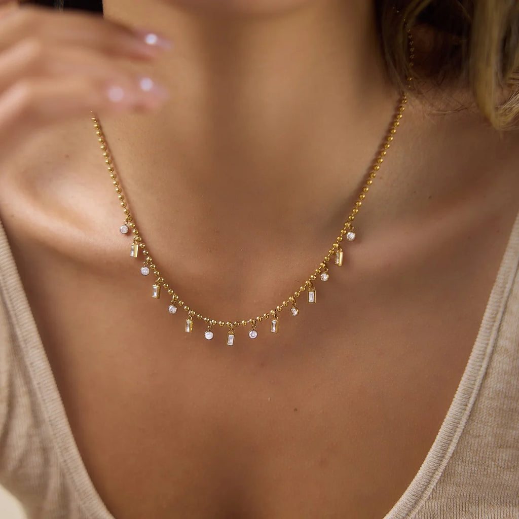 Kika Classic Rectangle Round Clear Zircons Bead Chain Necklace