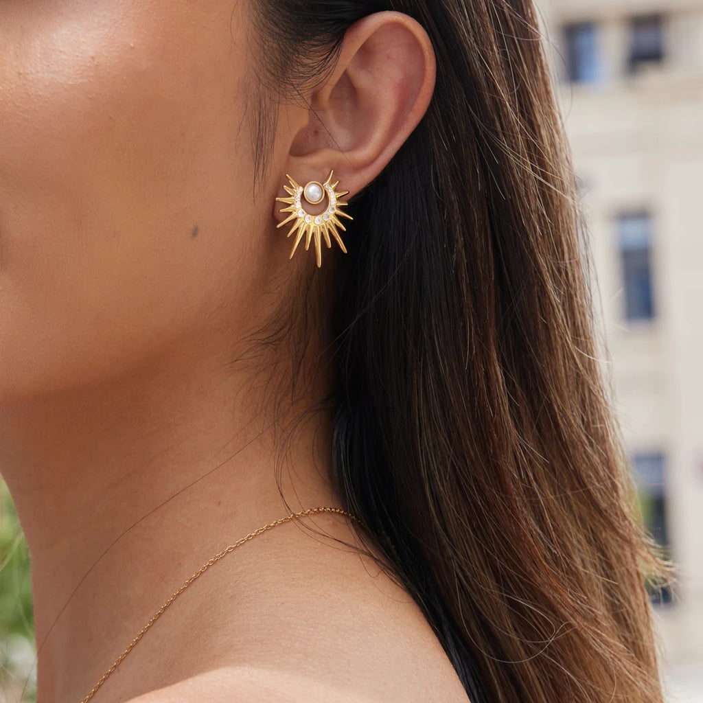 Kika Zircon Acrylic Pearl Sun Stud Earrings 18K Gold Plated Stainless Steel 316L