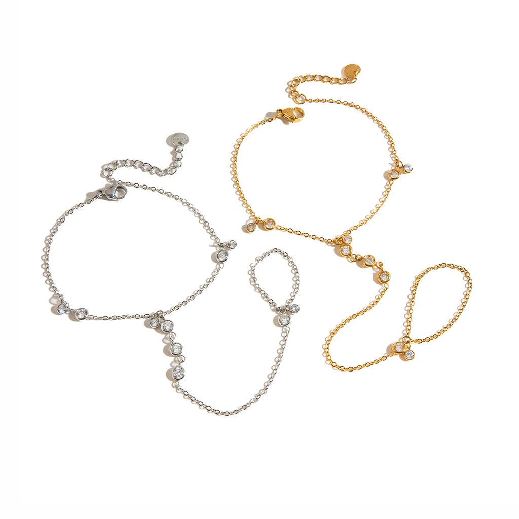 KIKA Luxury Ins Style Zircons Finger Bracelet PVD Gold Plated Stainless Steel 316L