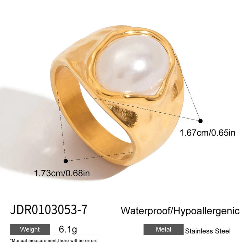 Kika Simple Classic 18K Gold Color Plated Stainless Steel Acrylic Pearl Pattern Ring