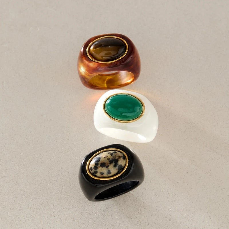 KIKA Size 7 Vintage Oval Natural Stone Rings For Women Minimalist Autumn Winter Resin Rings Simple Fashion Jewelry Gift