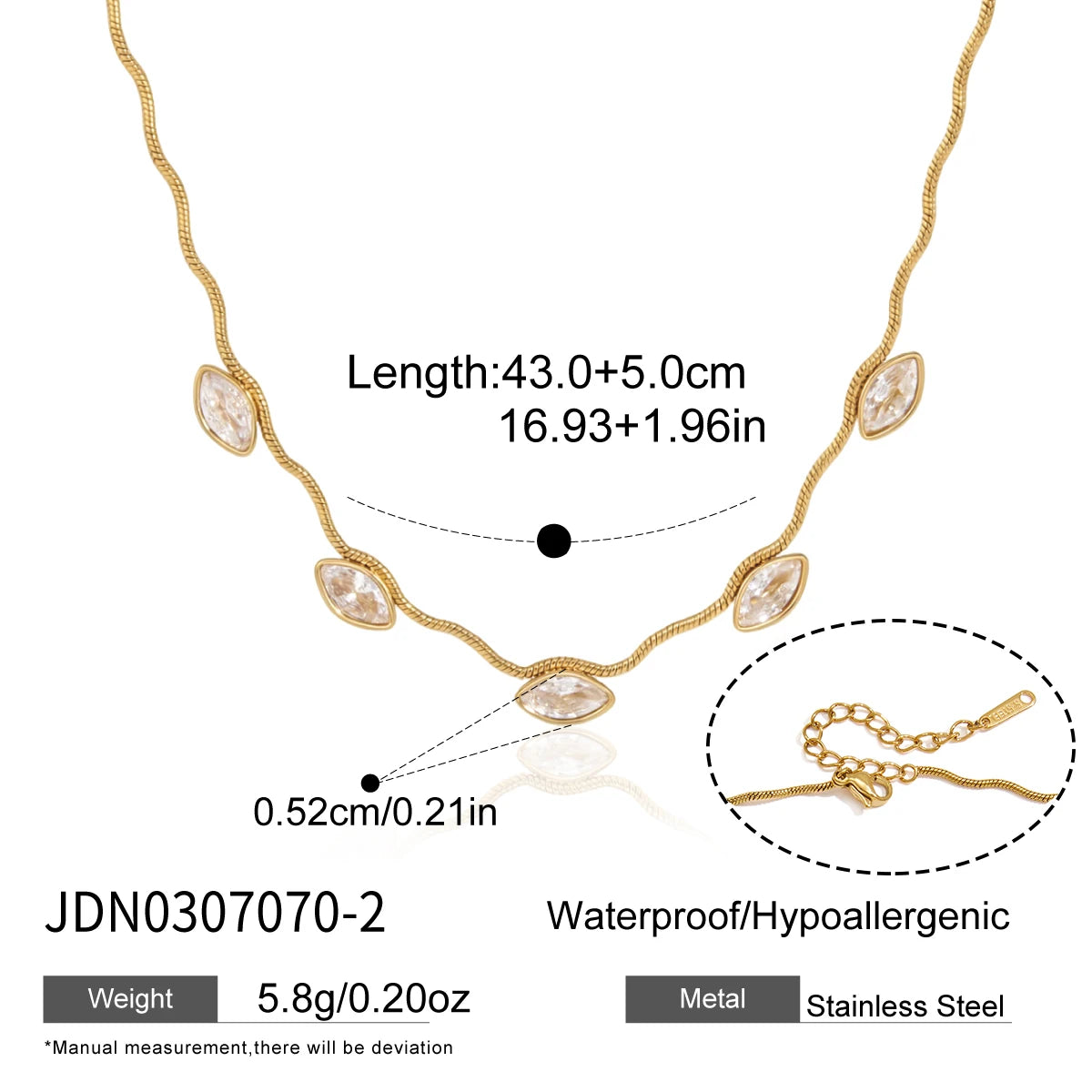 KIKA Geometric Zircon Pendant Wave Shape Chain Necklace For Women 18K Gold PVD Plated Stainless Steel 316L