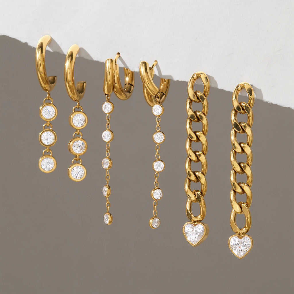 Kika Delicate Zircon Earrings Minimalist 18K Gold PVD Plated Stainless Steel Chains 316L