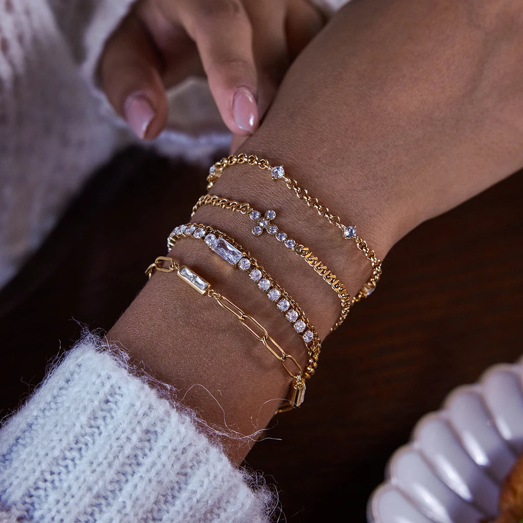 KIKA Minimalist Classic 18K Gold Color PVD Plated Inlay White Zircon Bracelets Waterproof Stainless Steel 316L