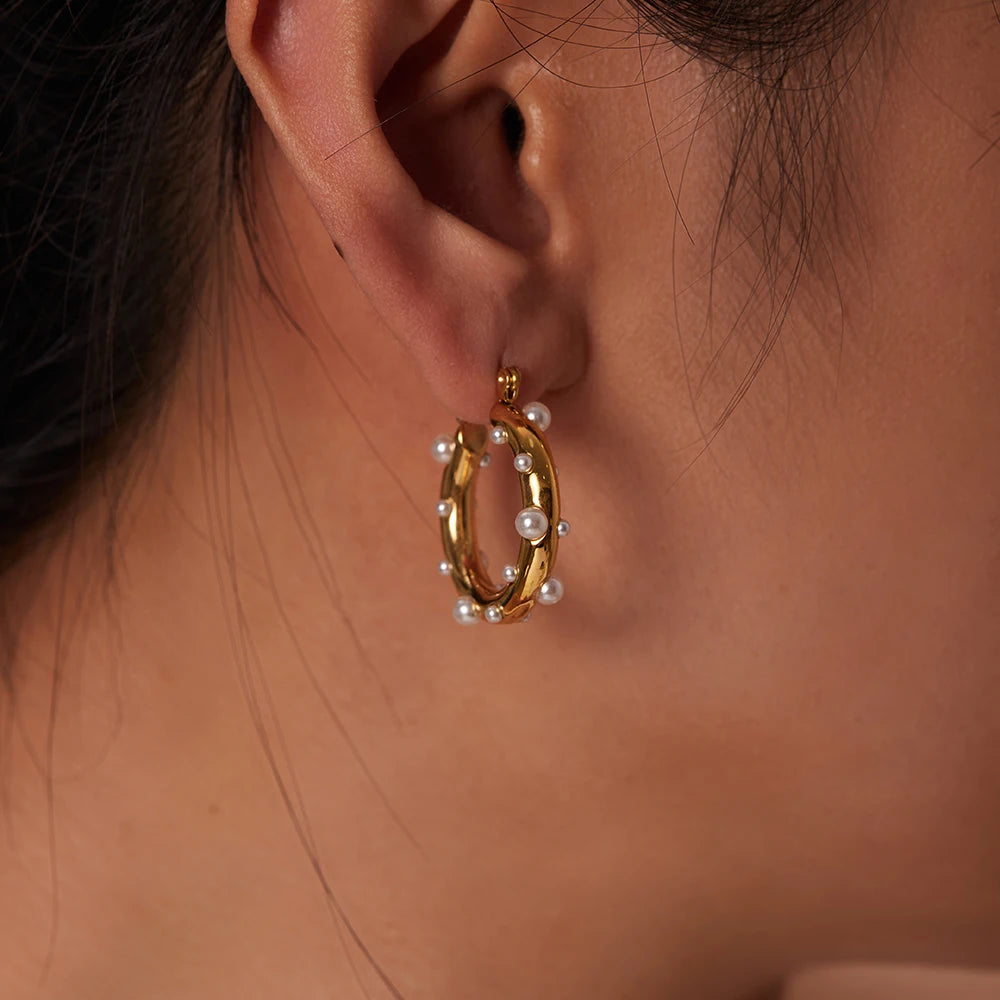 KIKA Shaped Hammer Shiny Zircon CC Shape Hoop Earrings For Women 18K Gold PVD Plated Stainless Steel 316L