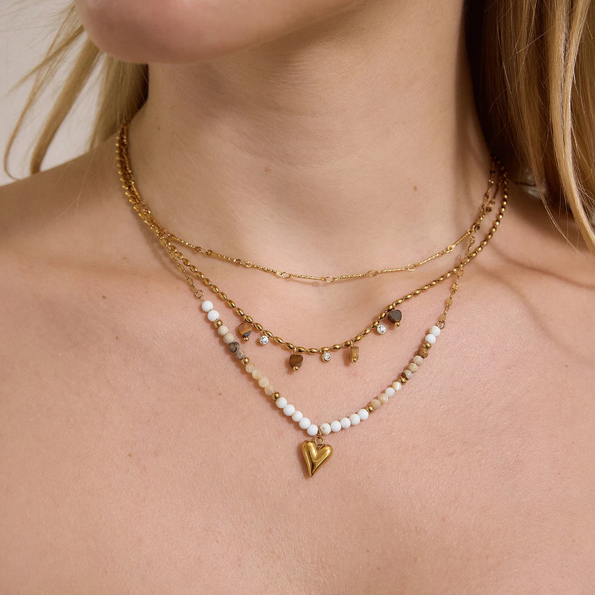 KIKA Natural Stone Beads Geometric Pendant Necklace For Women 18K Gold Plated Stainless Steel 316L