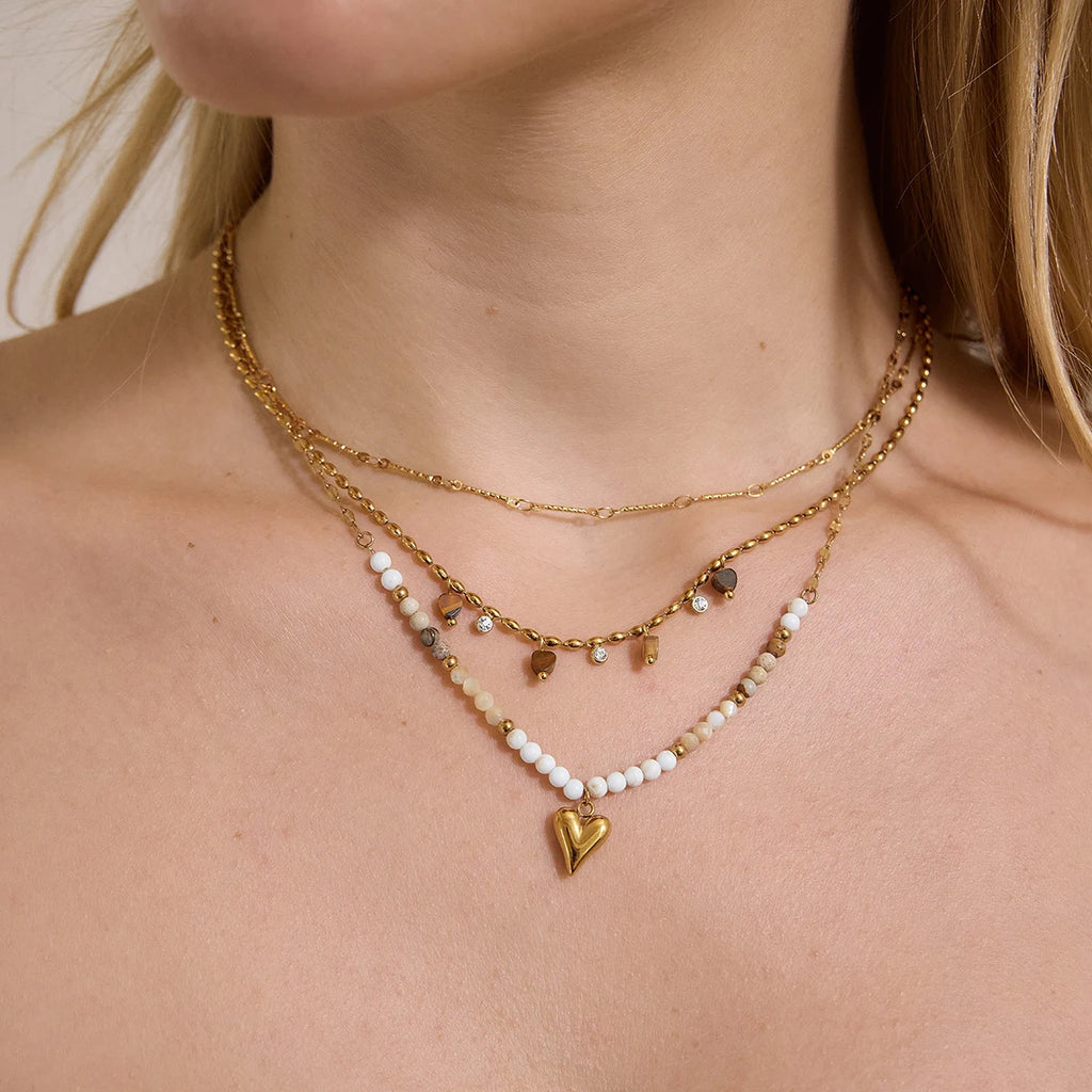 KIKA Natural Stone Beads Geometric Pendant Necklace For Women 18K Gold Plated Stainless Steel 316L