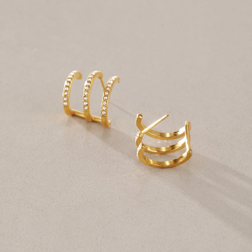 KIKA Multilayer Iced Out Crystal C Shape Stud Earrings For Women 18K Gold Plated Stainless Steel 316L