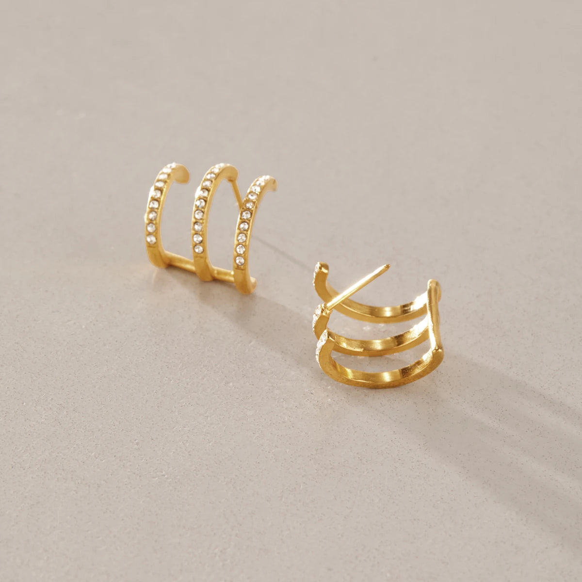 KIKA Multilayer Iced Out Crystal C Shape Stud Earrings For Women 18K Gold Plated Stainless Steel 316L