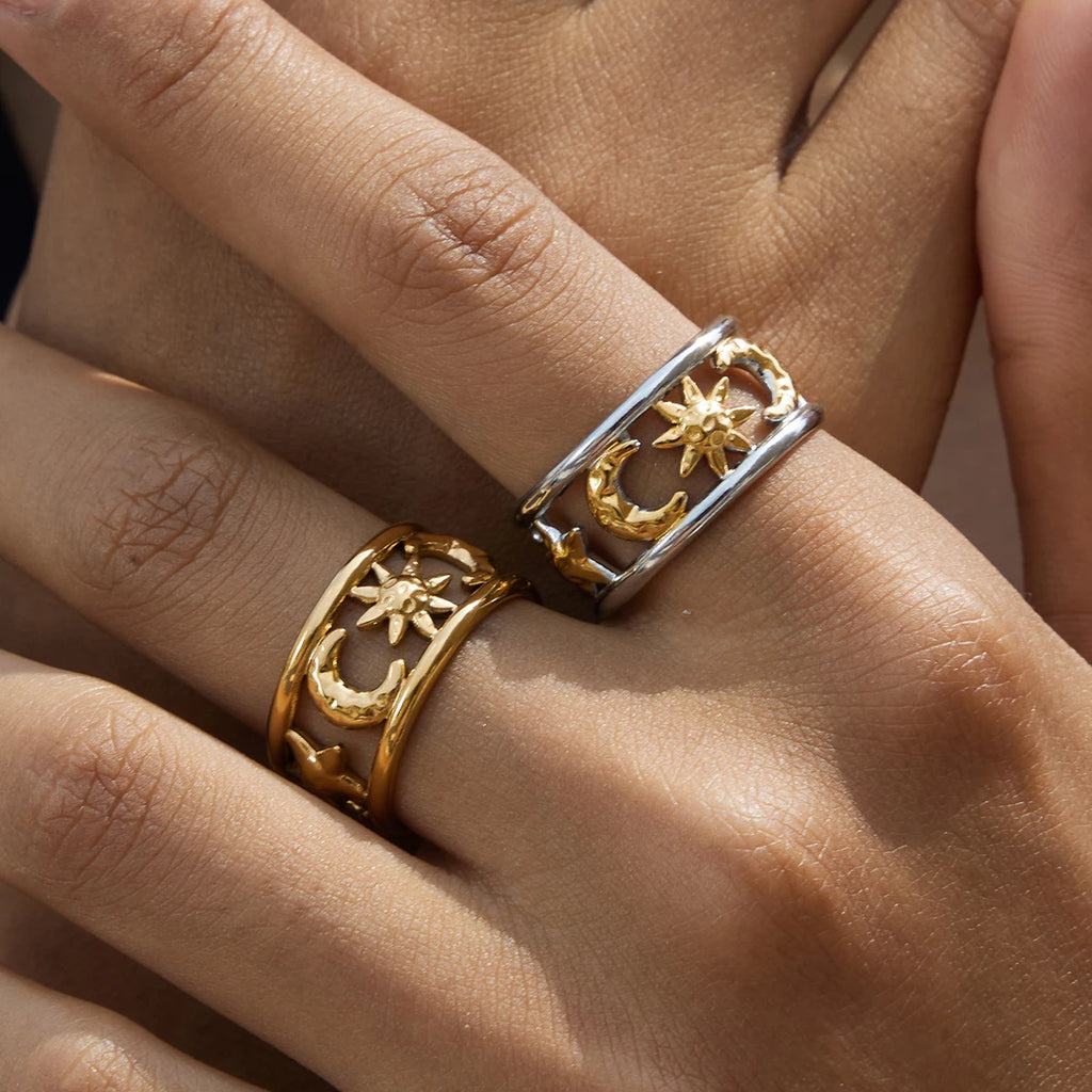 Star Moon Double Layer Open Rings Design