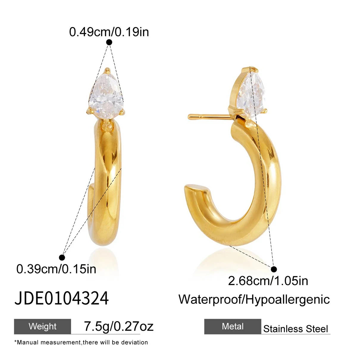 KIKA Water Drop Zircon C Shape Stud EarringsGold PVD Plated Stainless Steel316L