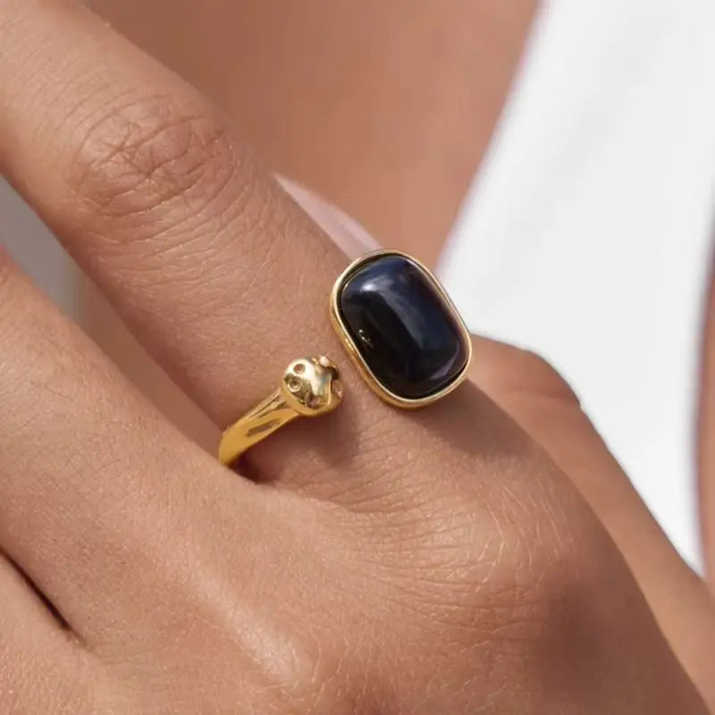 Kika Vintage Black Natural Stone Open Rings Minimalist 18K Gold Plated Stainless Steel 316L