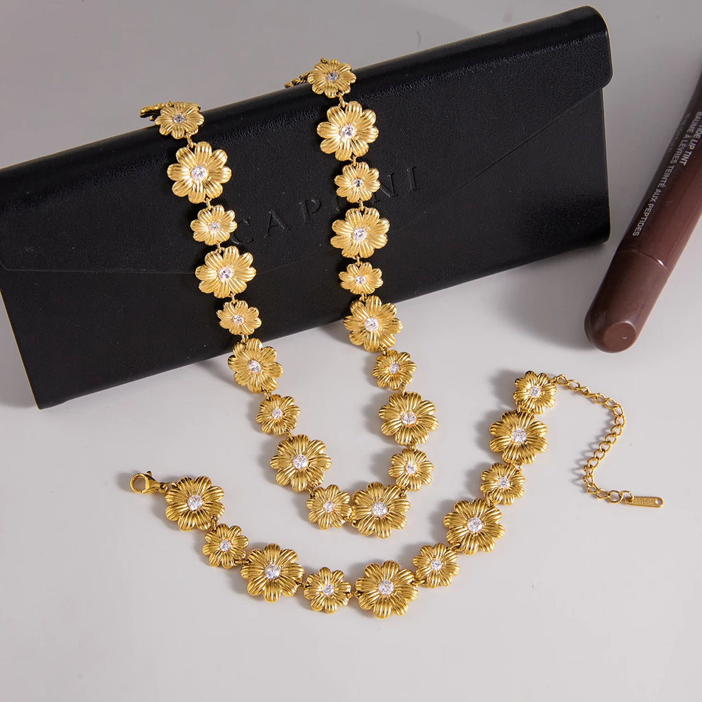 Daisy Flower Necklace Bracelet Earrings With White Zircon Accents