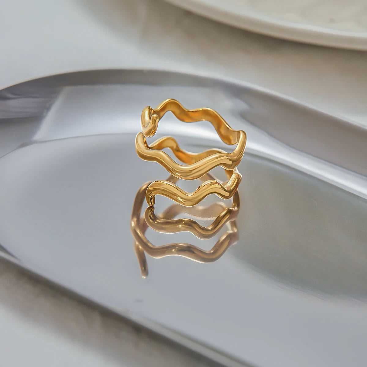 KIKA Minimalist 18K Gold Color PVD Plated Stainless Steel 316L Double Layer Wave Ring Three Layer Line Stackable Ring