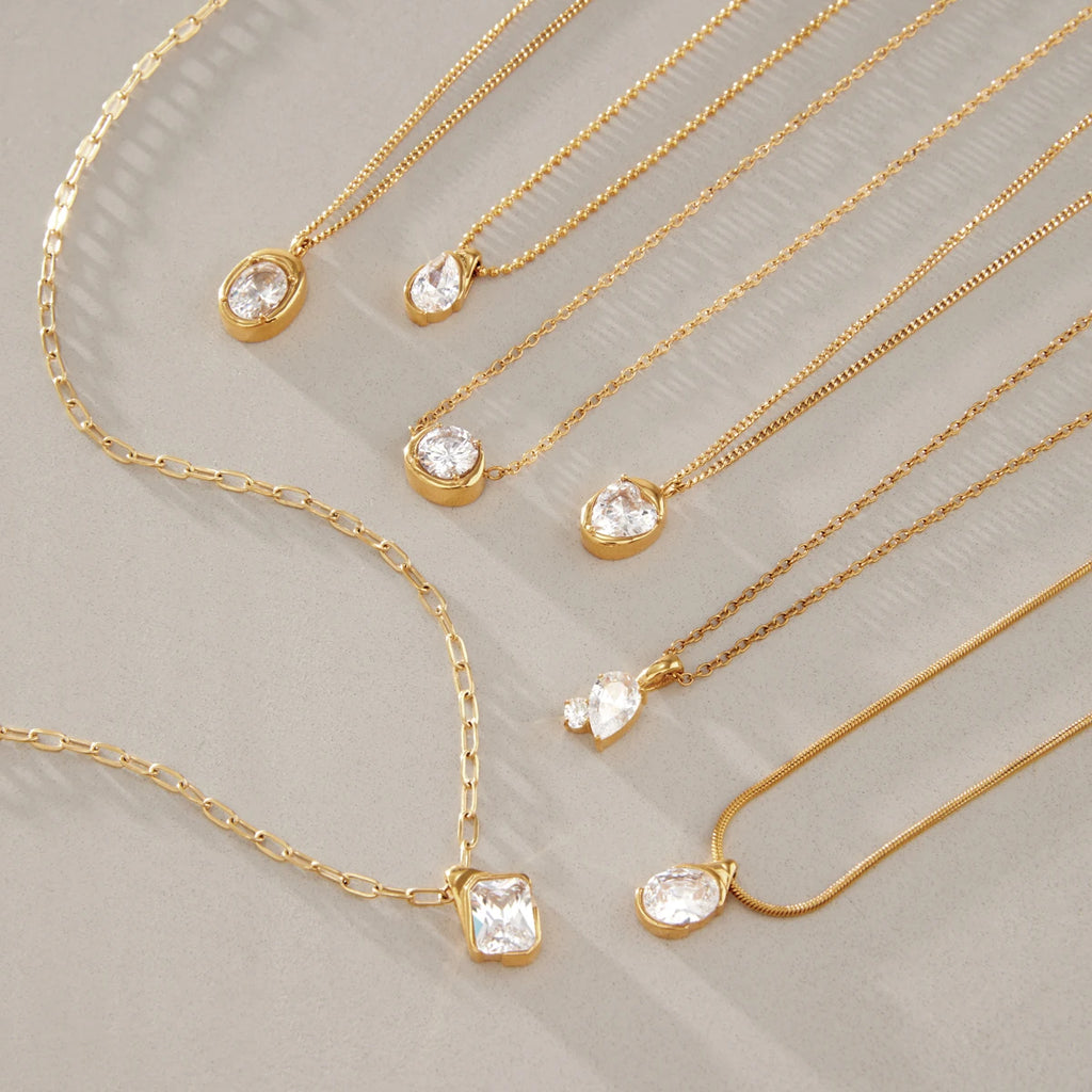Kika Geometric Cubic Zirconia Pendant Necklace Minimalist 18K Gold Plated Stainless Steel 316L