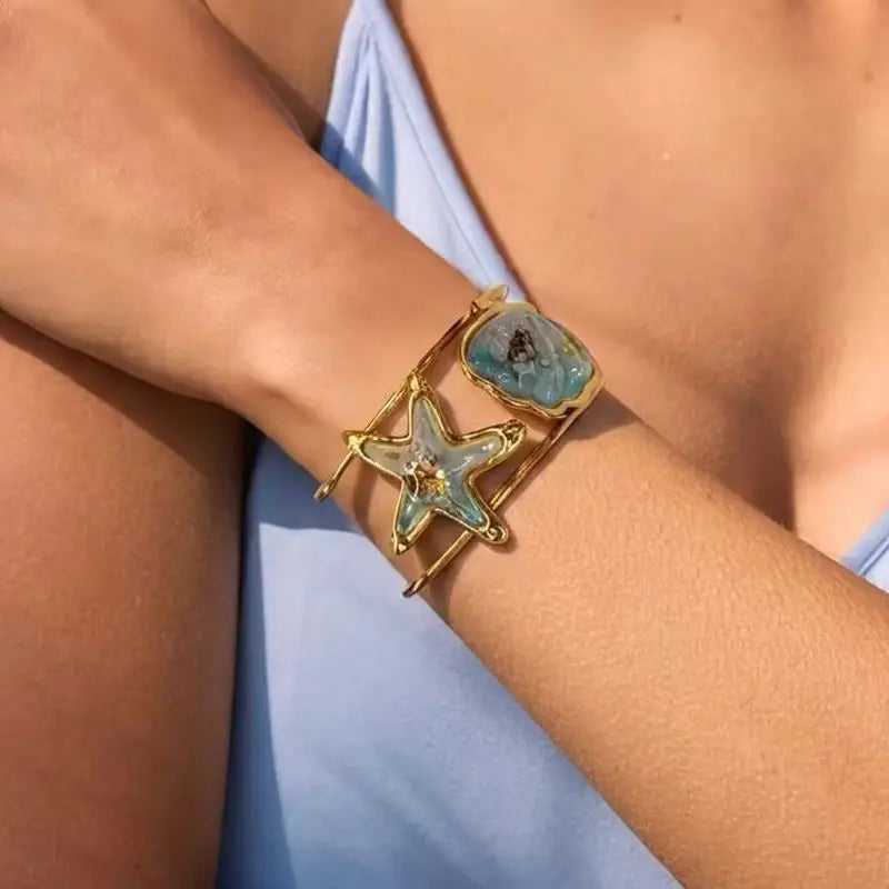 KIKA Beach Shell Starfish Bangle  Stainless Steel 316L Hypoallergenic Waterproof Bracelet