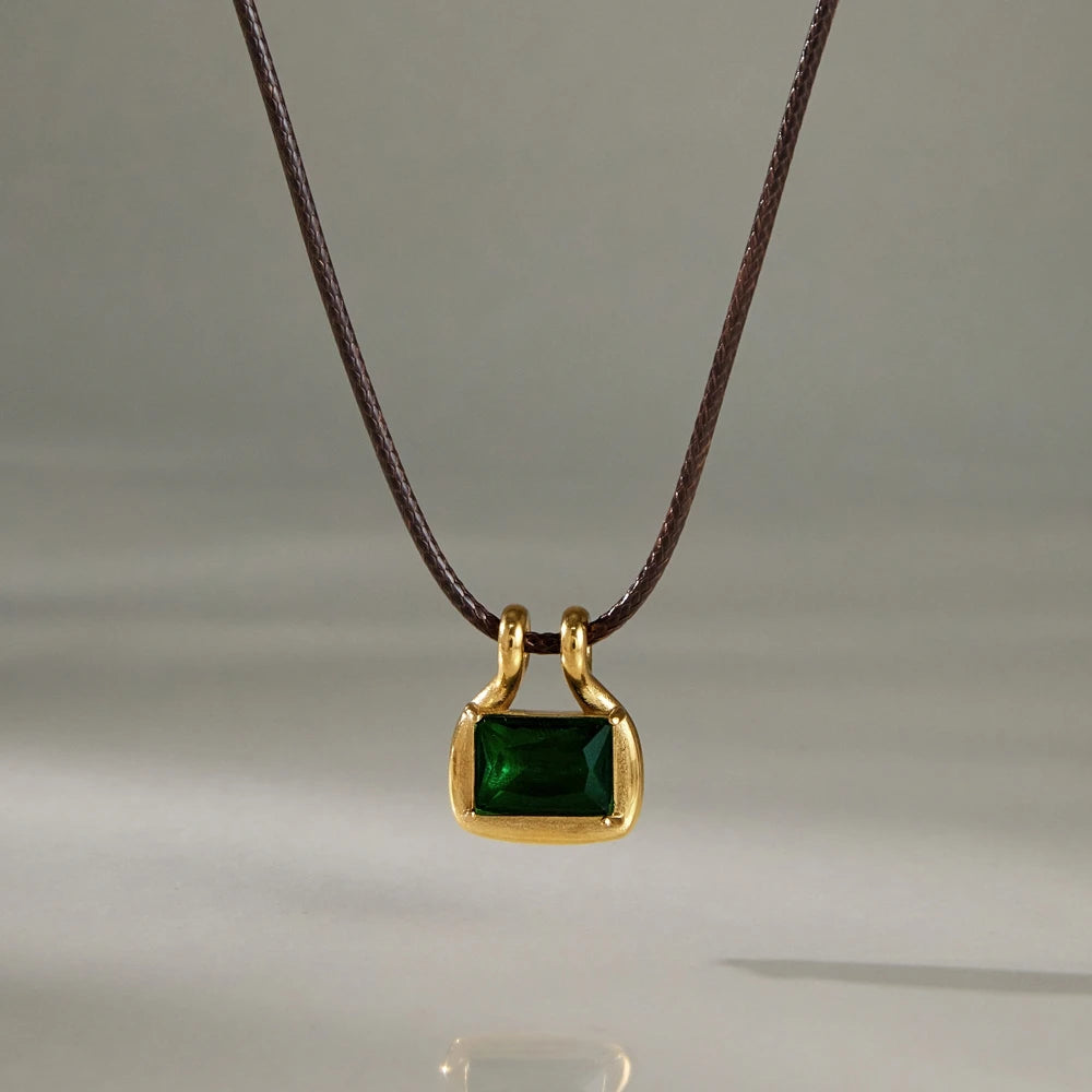 KIKA Elegant Green Zircon Pendant Rope Chain Necklace For Women 18K Gold PVD Plated Stainless Steel Necklace Fashion Jewelry