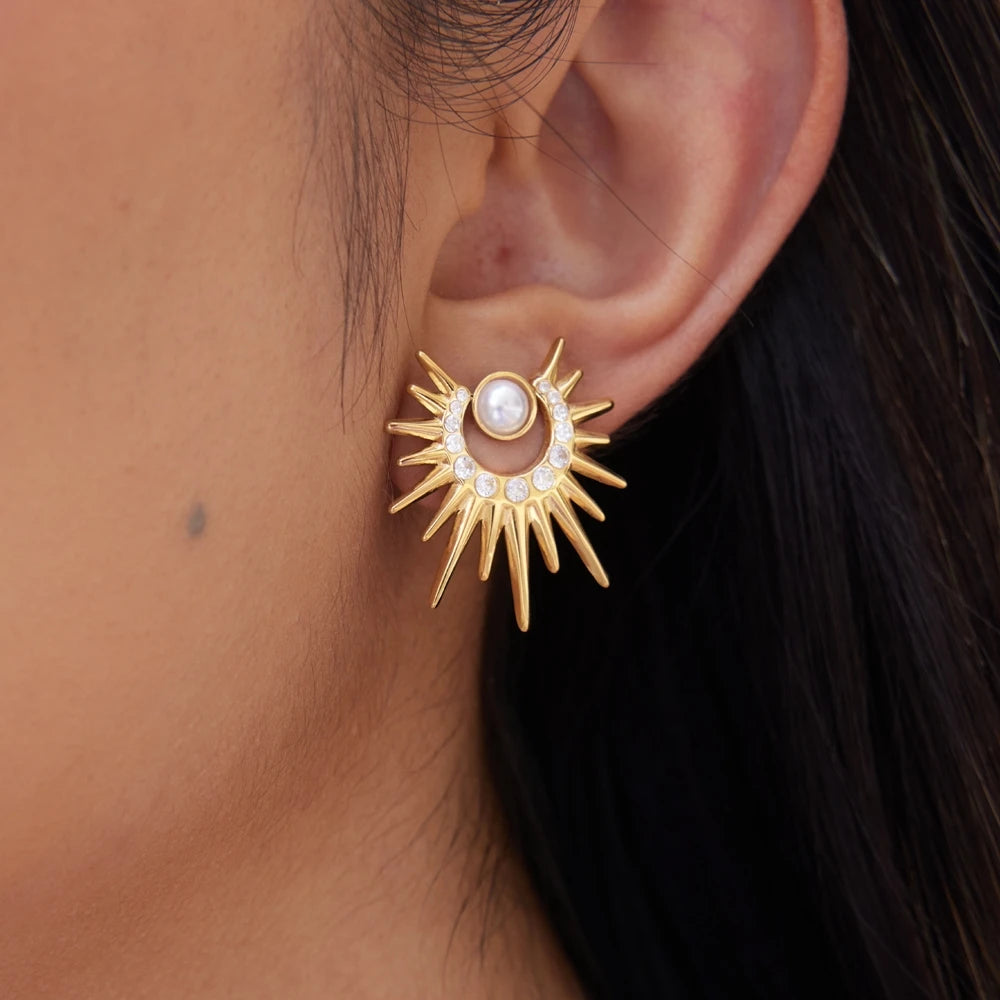 Kika Zircon Acrylic Pearl Sun Stud Earrings 18K Gold Plated Stainless Steel 316L