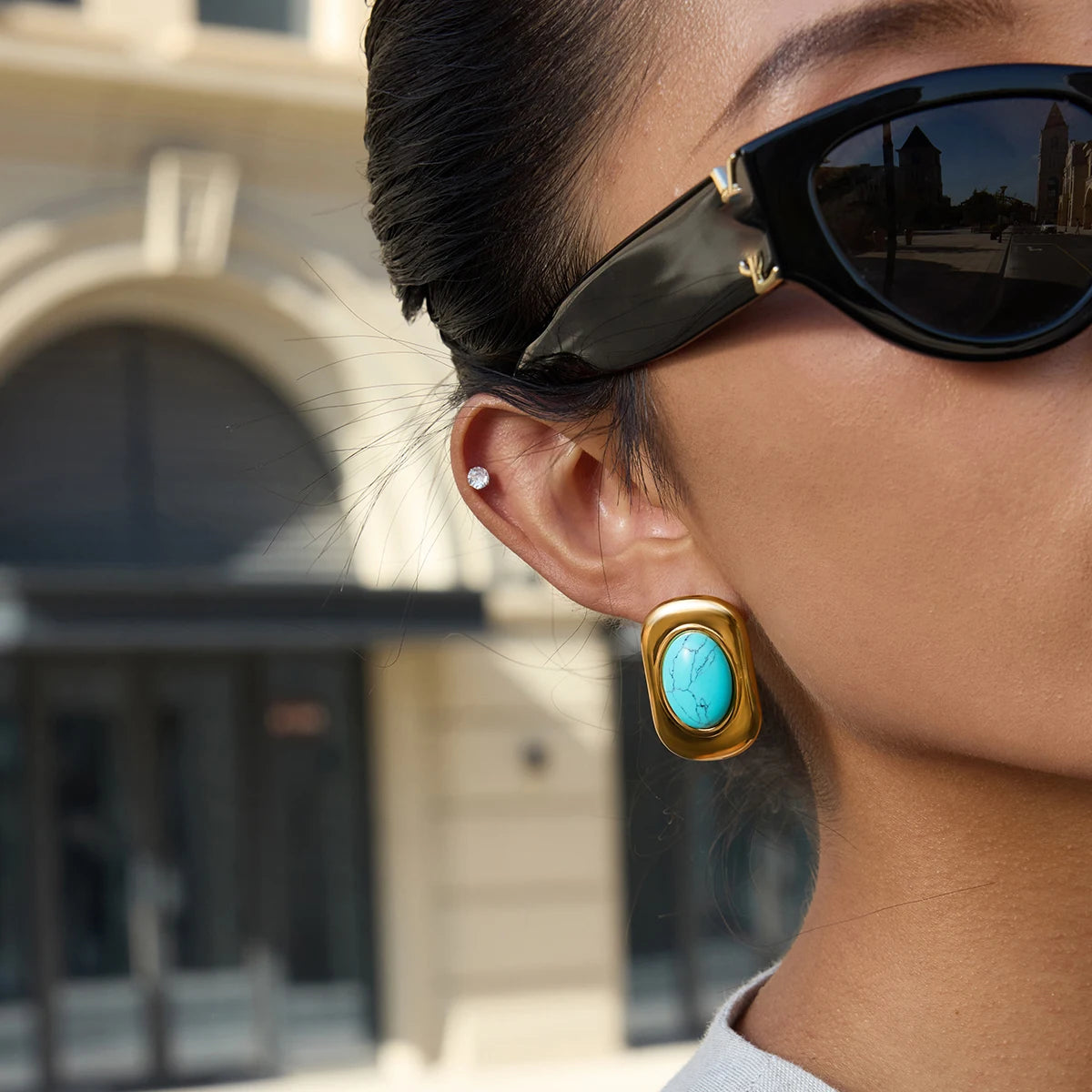 KIKA Vintage PVD Plated Stainless Steel Oval Turquoise Ear Studs Exaggerated Oversized Autumn And Winter Earrings