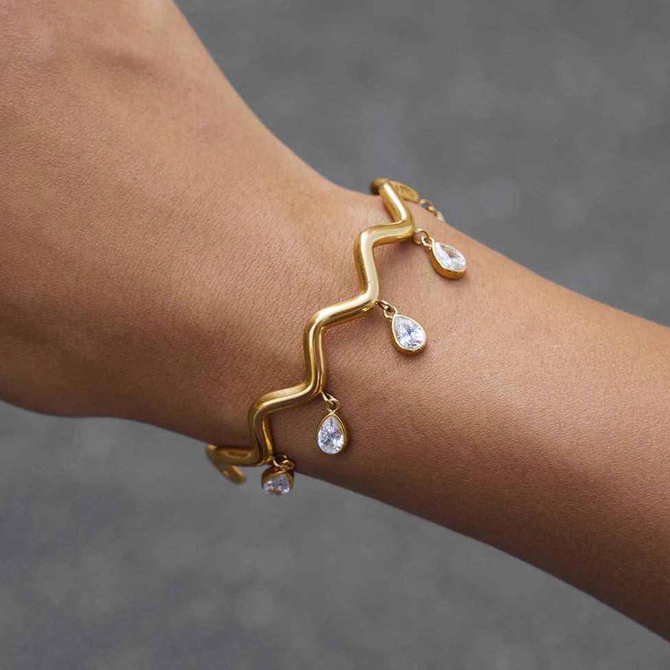 KIKA Water Drop Zircon Wave Shape Cuff Bracelet PVD 18K Gold Plated Stainless Steel 316L