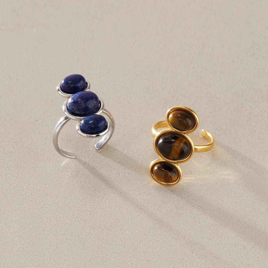 KIKA Vintage Tiger Eye Lapis Lazuli Stone Open Rings For Women 18K Gold PVD Plated Stainless Steel Rings Fashion Jewelry Gift