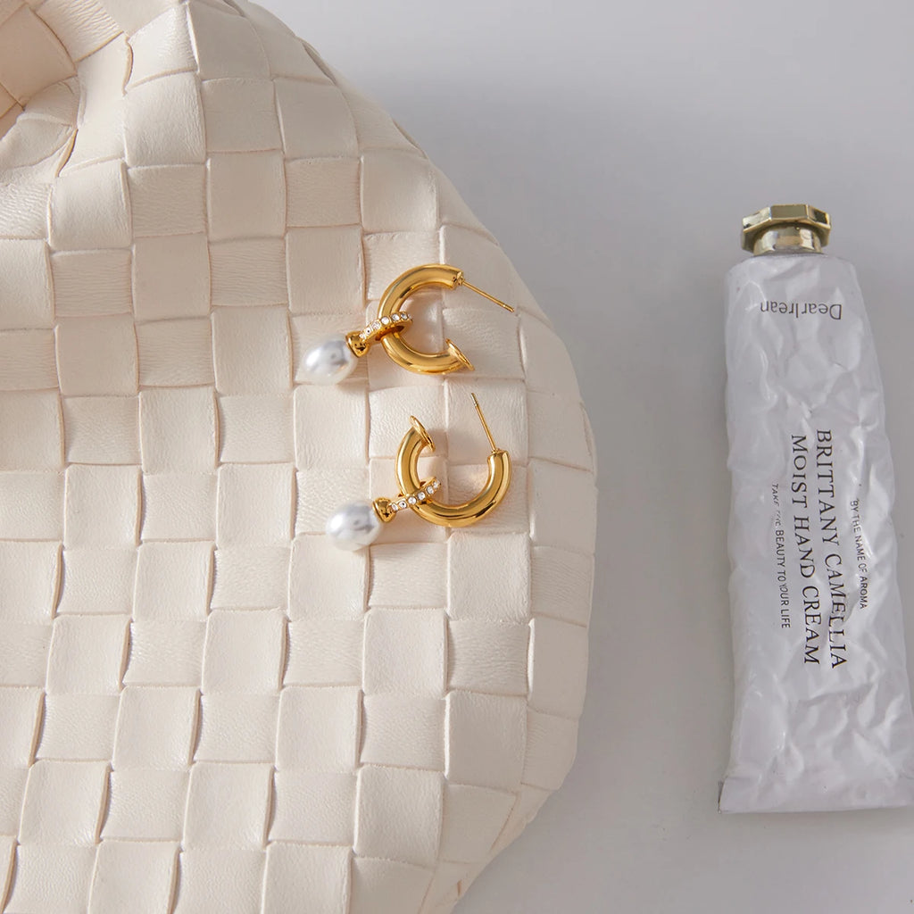 KIKA Fashion Elegant Pearl Pendant Earrings 18K Gold Color PVD Plated Stainless Steel 316L White Water Rhinestone