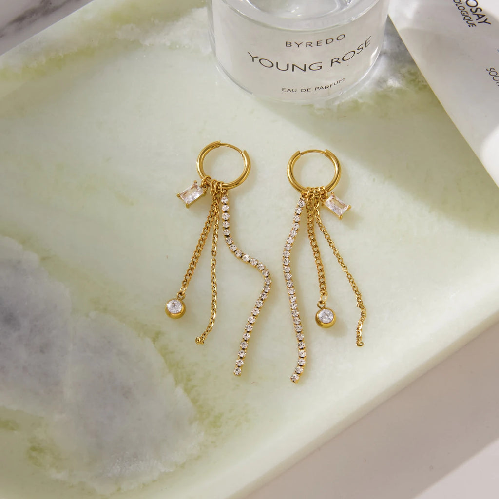 Kika Delicate White Rhinestone Chain Square Zircon Tassel Earrings m
