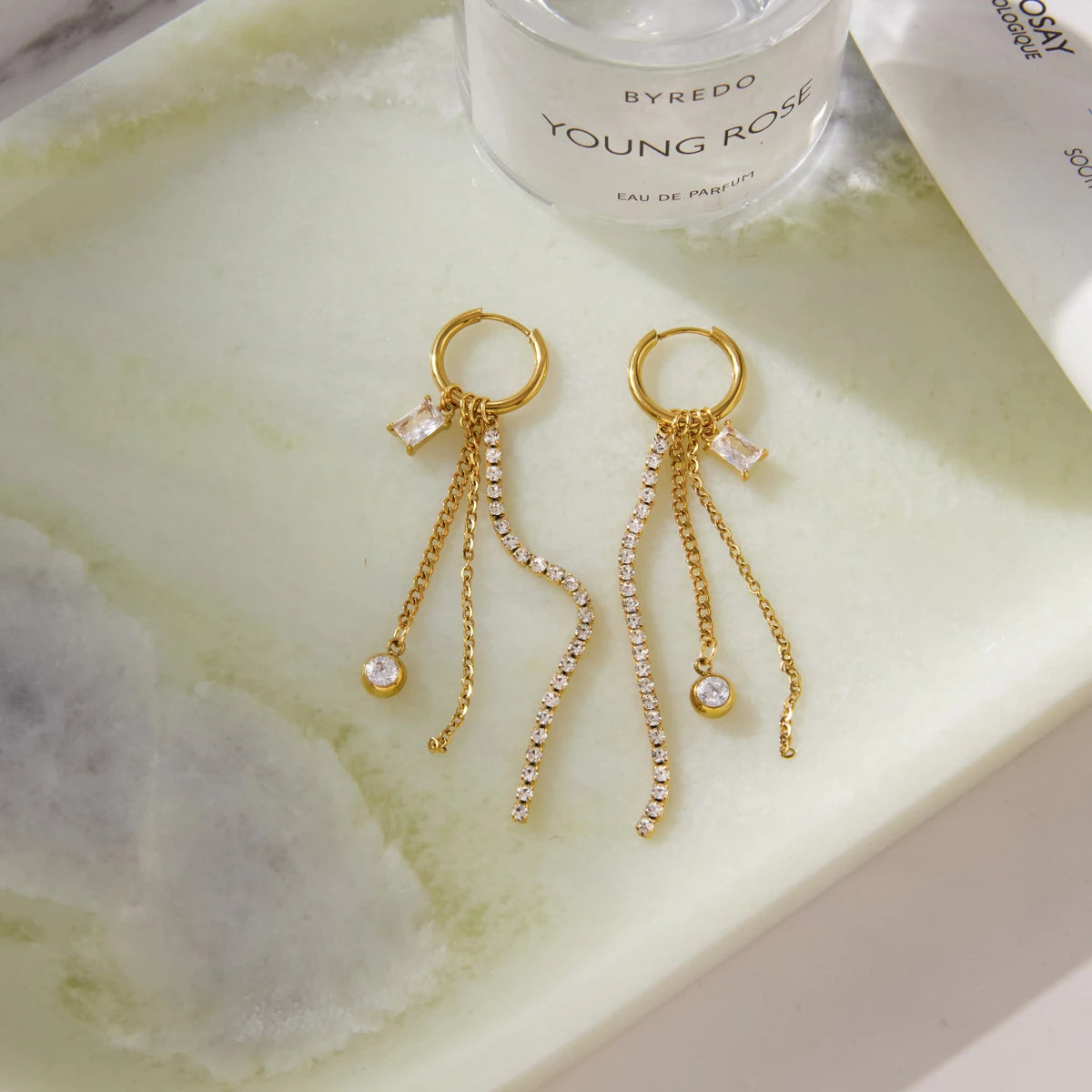 Kika Delicate White Rhinestone Chain Square Zircon Tassel Earrings m