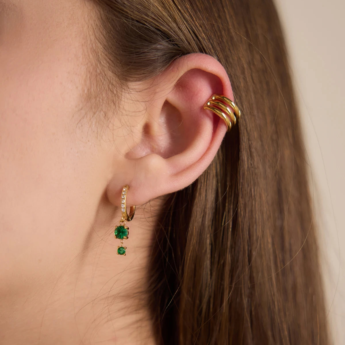 KIKA Green Glass White Zircon Drop Earrings PVD Gold Plated Stainless Steel 316L