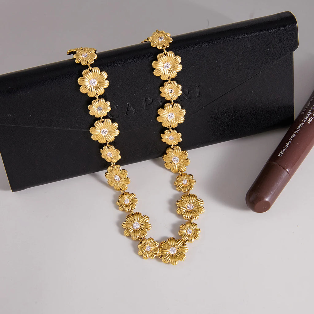 Daisy Flower Necklace Bracelet Earrings With White Zircon Accents